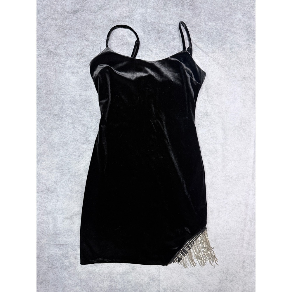 City Vibe Black Velvet Rhinestone Fringe Mini Dress Size 7 Bodycon Cocktail